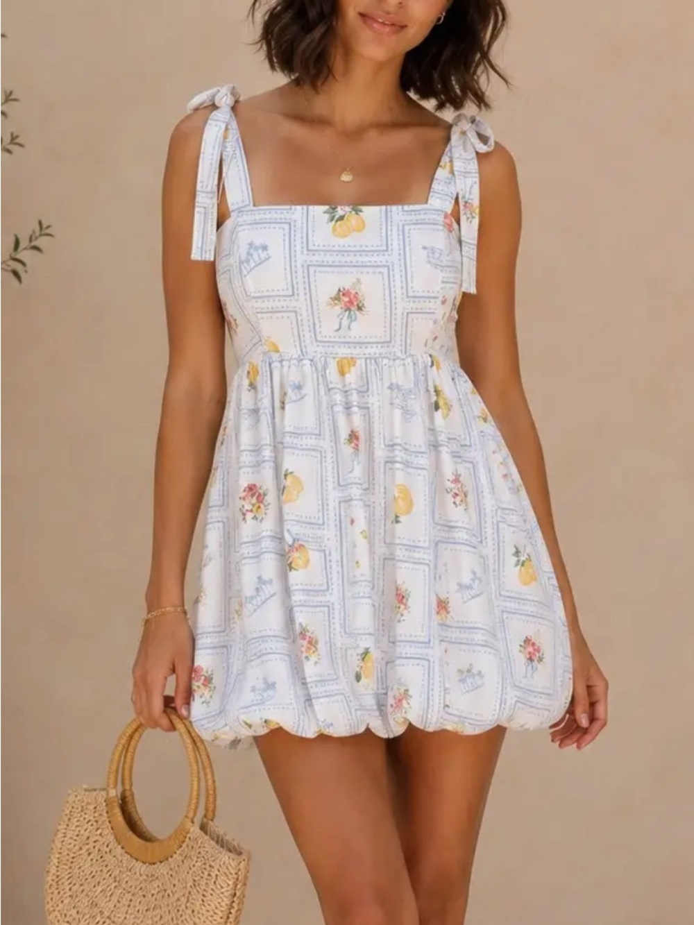 Summer Tie-Shoulder White Lemon Print Mini Dress